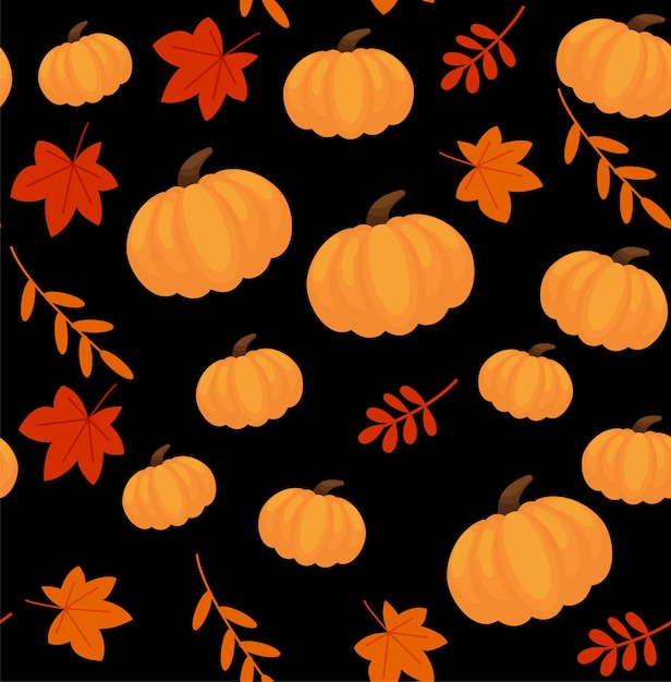 Modèle Sans Couture Avec Citrouilles Et Feuilles Dessinées à La Main. Design Mignon Pour Halloween Ou Jour De Remerciement. Illustration Vectorielle De Légumes. Eps