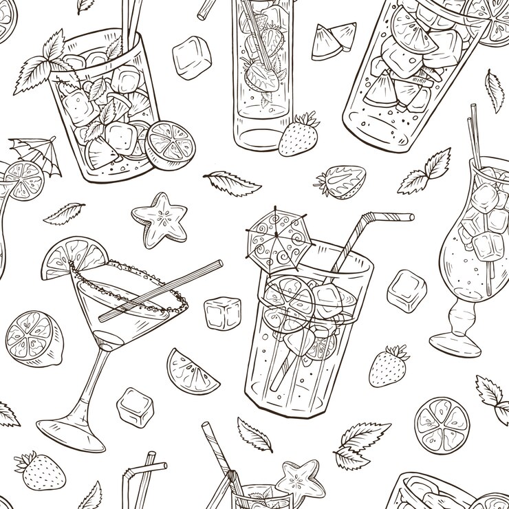 Modèle sans couture de cocktails dessinés à la main