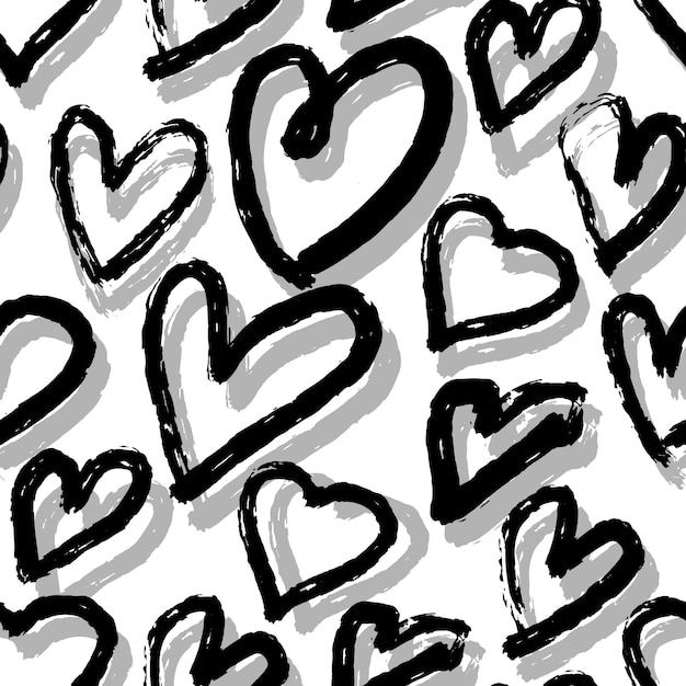Modèle sans couture de coeurs dessinés à la main noir et gris sur fond blanc. Encre noire à main levée. 14 février. Illustration vectorielle.