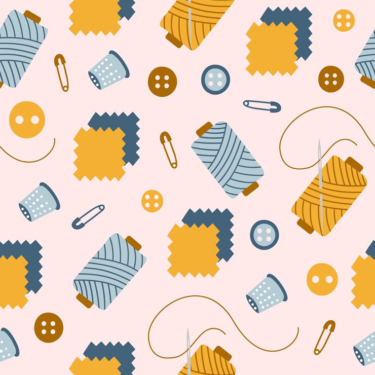 Vecteur modèle sans couture coloré dans des couleurs jaunes et bleues des outils de couture pour la couture sur le rose