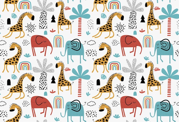 Modèle Sans Couture Coloré Avec Des éléphants Et Des Girafes Mignons