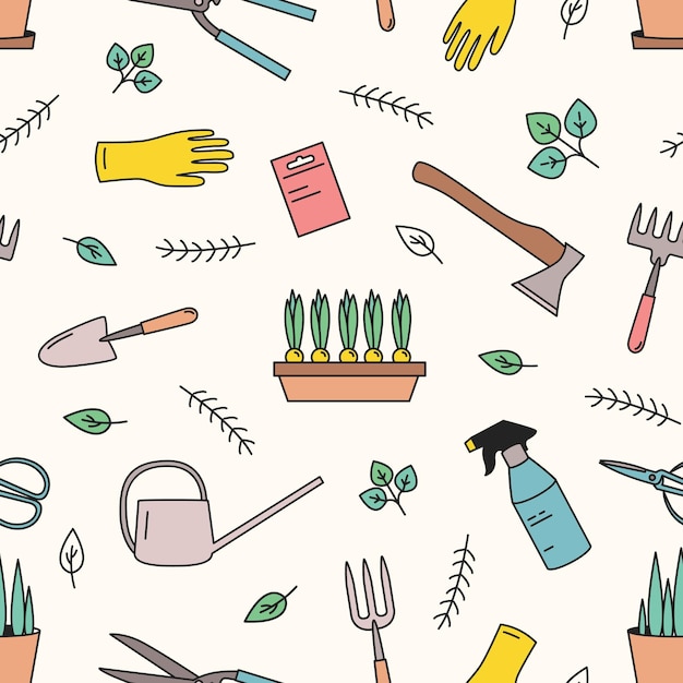 Modèle sans couture coloré avec des outils de jardinage pour la culture des plantes