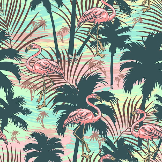 Modèle Sans Couture Coloré Tropical Vintage Avec Des Silhouettes De Palmiers Flamants Roses Et Des Feuilles Exotiques