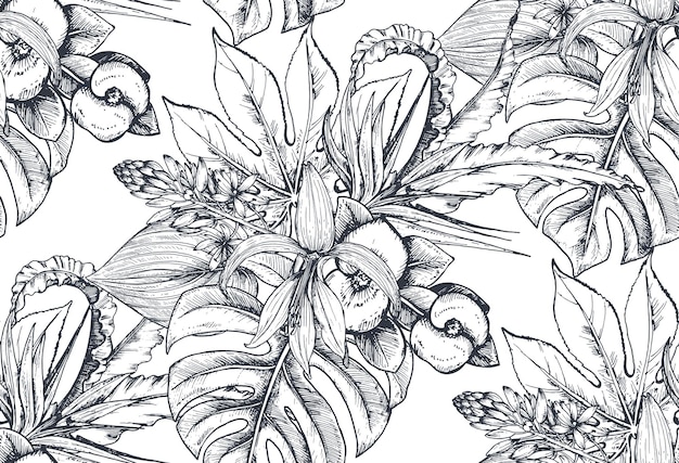 modèle sans couture avec des compositions de fleurs tropicales dessinées à la main, feuilles de palmier, plantes de la jungle, bouquet de paradis. motif floral esquissé noir et blanc