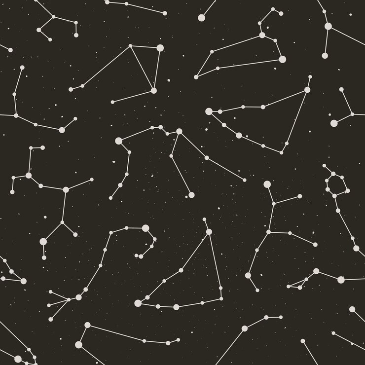 Vecteur modèle sans couture de constellations du zodiaque sur le fond noir étoilé dans un style tendance minimal. toile de fond de l'astrologie spatiale vectorielle. texture des symboles de l'horoscope.