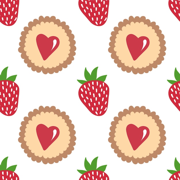 Modèle Sans Couture De Cookie Aux Fraises Et Au Coeur Fond Dessiné à La Main De Vecteur