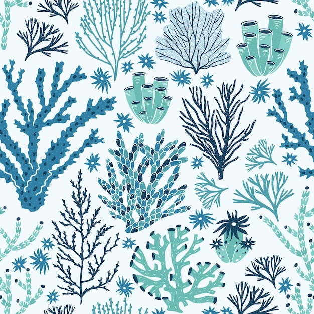 Modèle sans couture avec coraux bleus et verts et algues.