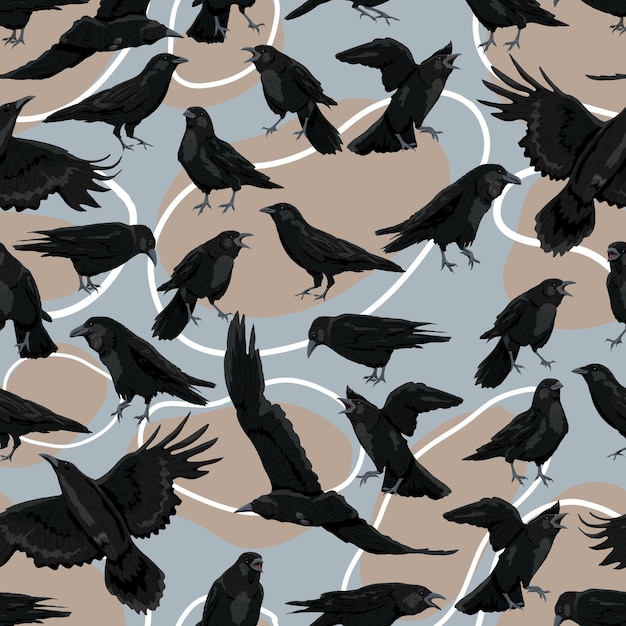 Vecteur modèle sans couture avec corbeaux d'oiseaux noirs corvus corax dans différentes poses se tenir coassent et volent