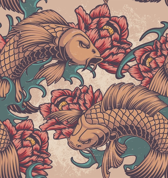 Modèle sans couture de couleur sur le thème japonais avec carpes koi, pivoines et vagues.