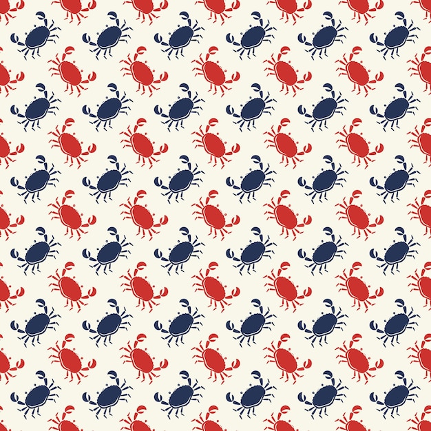 Vecteur modèle sans couture avec des crabes rouges et bleus sur fond blanc.