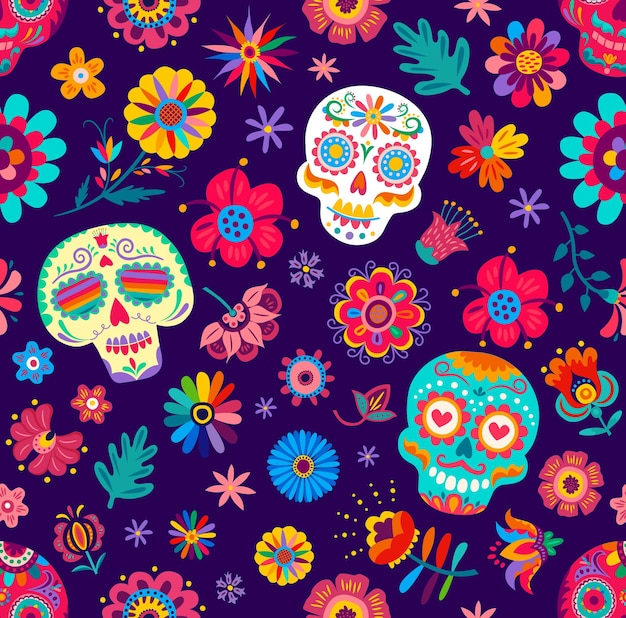 Modèle sans couture crâne de calavera de sucre mexicain et fleurs tropicales fond vectoriel Dia de Los Muertos ou jour des morts motif de vacances mexicain avec crâne de calavera peint en ornement floral ethnique