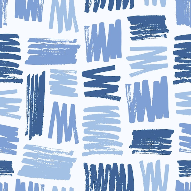 Modèle sans couture créatif avec des coups de pinceau bleu rugueux sur fond blanc. Toile de fond artistique cool avec des traces de peinture, des frottis, des taches. Illustration vectorielle dans un style moderne pour papier peint, impression de tissu.