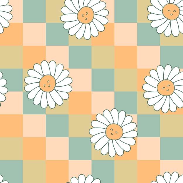 Modèle Sans Couture En Damier Avec Des Fleurs De Camomille Impression De Personnages Enfantins Avec Des émotions Heureuses Illustration Vectorielle Pour Enfants Pour La Décoration Et Le Design