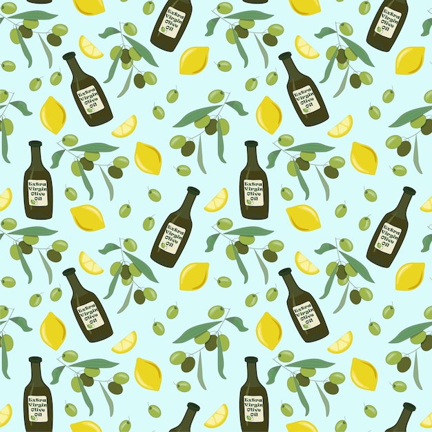 Modèle Sans Couture Dans Des Couleurs Fraîches Illustration Vintage De Citrons De Branche D'olivier Et Bouteille D'huile D'olive