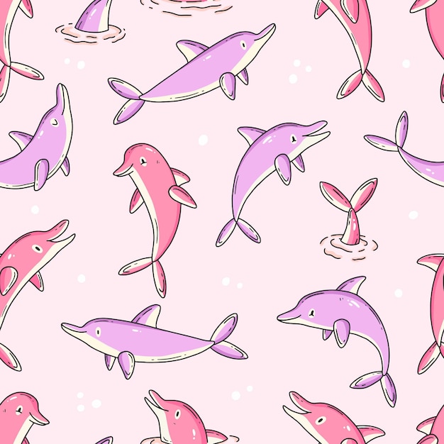 Modèle Sans Couture Avec Des Dauphins Mignons En Arrière-plan D'illustration De Style Dessin Animé Doodle En Couleurs Roses