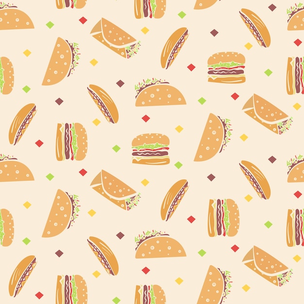 Vecteur modèle sans couture avec dessin animé contour fast food dans des couleurs orange joli doodle fastfood comprenant hamburger taco burrito hot dog texture pour paquet de papier d'emballage de fond textile