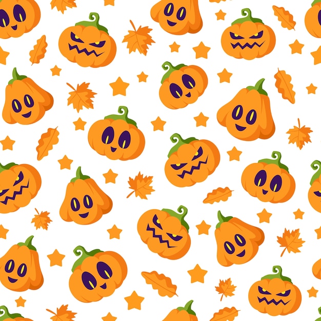 Vecteur modèle sans couture de dessin animé halloween - lanternes de citrouille effrayantes avec des visages effrayants et des feuilles d'automne