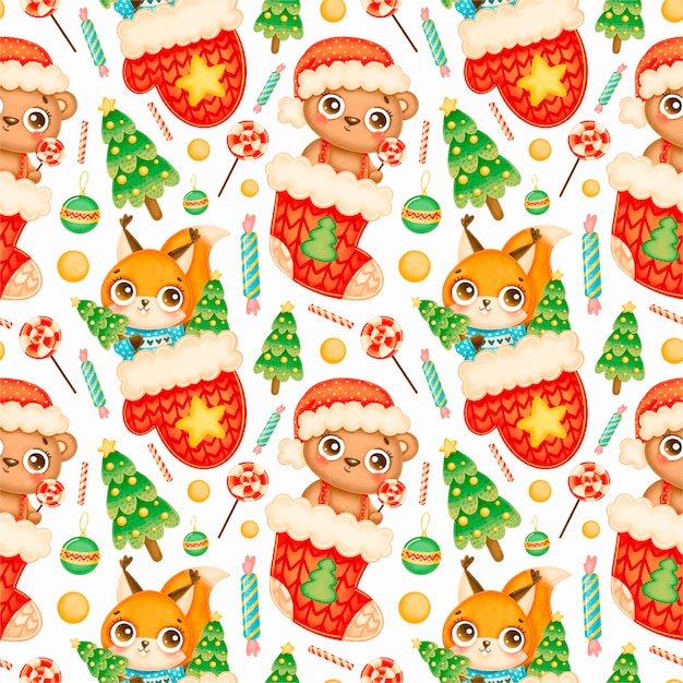 Modèle sans couture de dessin animé mignon animaux de Noël. Motif ours et écureuil de Noël.