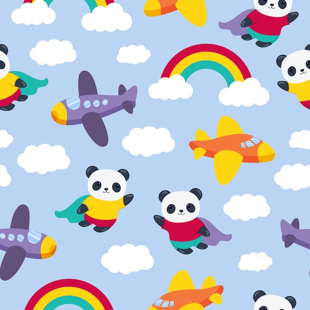 Vecteur modèle sans couture de dessin animé mignon panda avec des avions et arc-en-ciel