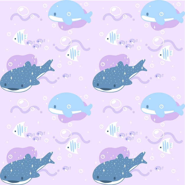 Modèle Sans Couture De Dessin Animé Mignon Requin Baleine Et Baleine Bleue En Lilas Doux