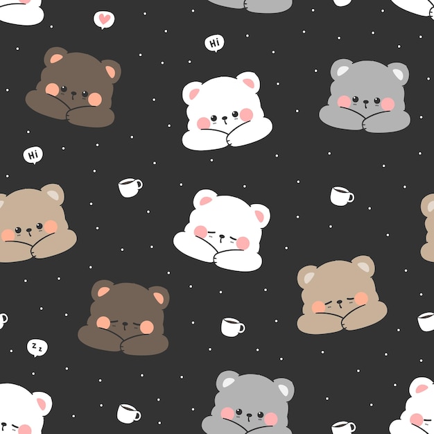 Modèle Sans Couture Avec Dessin Animé Mignon Tête D'ours Dessiné à La Main Sur Fond Noir