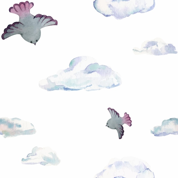 Modèle Sans Couture Dessiné Main Aquarelle Avec Nuages Et Oiseaux Isolés Sur Fond Blanc Conception Pour Cartes Cadeaux Sacs Invitations Papier Peint Imprimé Textile Pour Enfants