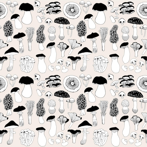 Vecteur modèle sans couture dessiné à la main de champignons et de champignons noirs et blancs