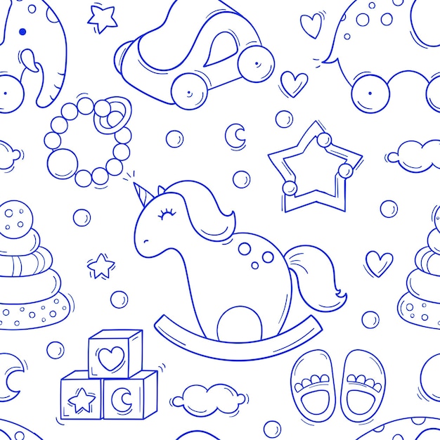 Vecteur modèle sans couture dessiné à la main avec des jouets et des accessoires pour bébé en style doodle sur fond blanc