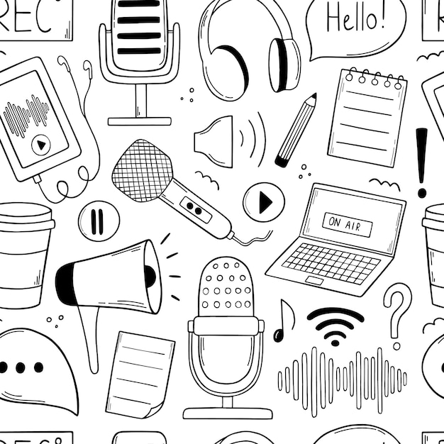 Modèle sans couture dessiné main de podcast doodle