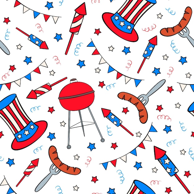 Modèle Sans Couture Dessiné à La Main Avec Des Trucs De La Fête De L'indépendance Dans Le Style Doodle