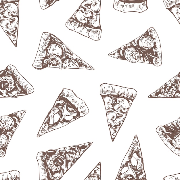 Vecteur modèle sans couture avec différentes tranches de pizza italienne sur fond blanc. conception de texture sans fin dessinée à la main dans un style rétro. toile de fond répétitive pour pizzeria. illustration vectorielle décrite pour l'emballage.