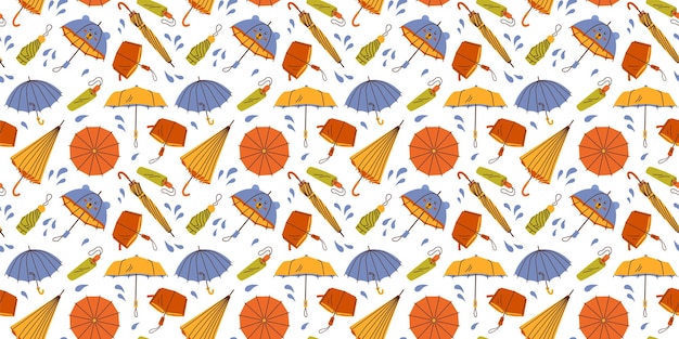 Modèle sans couture avec différents parapluies lumineux dessinés à la main et gouttes de pluie sur fond blanc