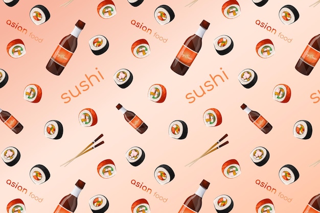 Vecteur modèle sans couture différents rouleaux de sushi asiatiques avec bouteille et assiette avec sauce soja