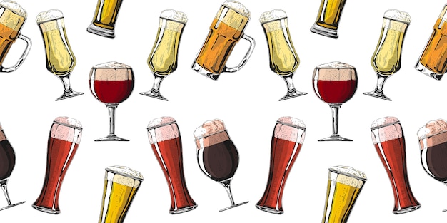Vecteur modèle sans couture avec différents verres à bière, différentes chopes de bière. illustration d'un style d'esquisse.