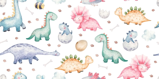 Modèle sans couture avec dinosaures bébé mignon aquarelle