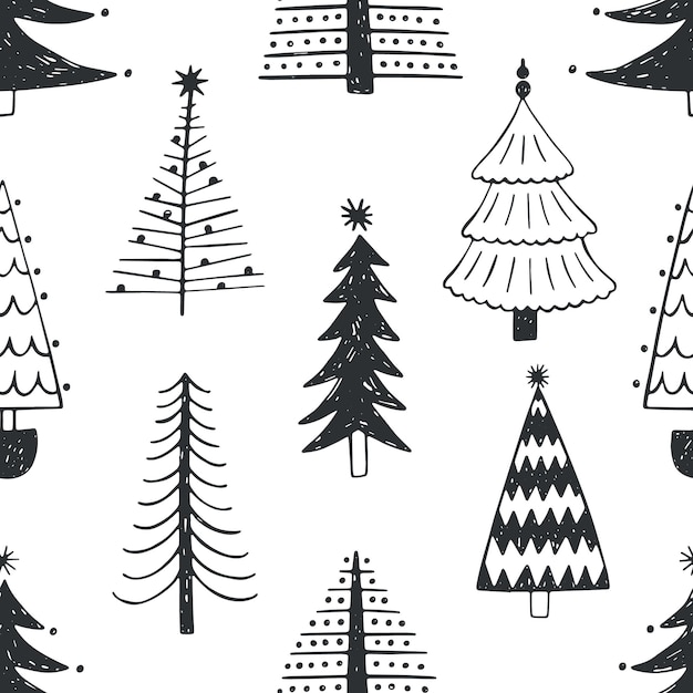 Modèle Sans Couture Avec Divers Arbres De Noël, Sapins Ou épicéas Dessinés Avec Des Contours Sur Fond Blanc. Toile De Fond Avec Forêt De Conifères D'hiver Ou Forêt. Illustration Vectorielle Naïve Dans Le Style Doodle.