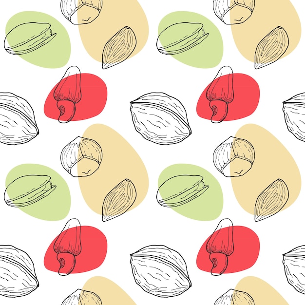 Modèle sans couture avec doodle dessiné à la main de noix - noix, noisette, amande et pistache. Taches.