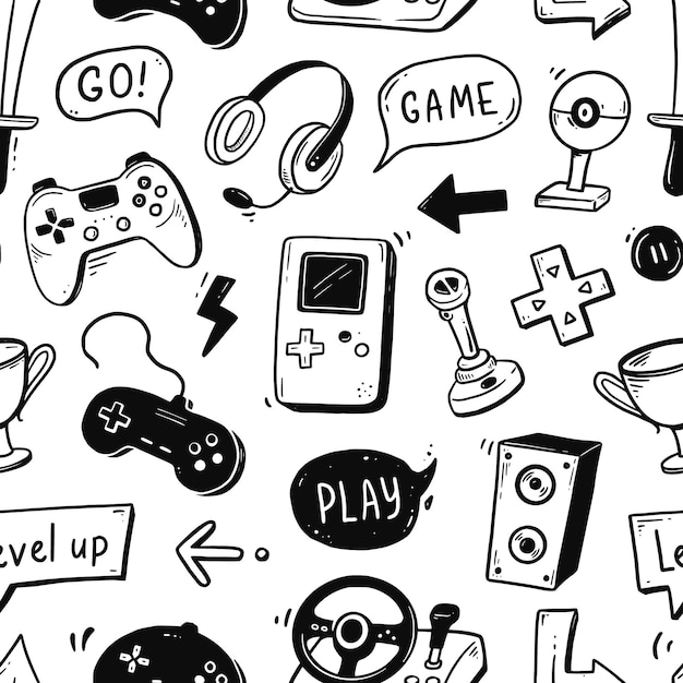 Modèle sans couture de doodle dessinés à la main de jeu vidéo Élément de contrôleur de joystick de console de jeu vidéo
