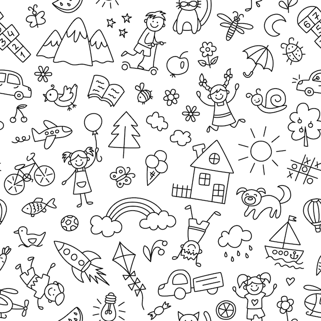 Vecteur modèle sans couture avec doodle enfants, maison, soleil, arc-en-ciel et vélo. les petits enfants drôles dessinés à la main jouent, courent et sautent. dessin d'enfants mignons. illustration vectorielle dans le style doodle sur fond blanc