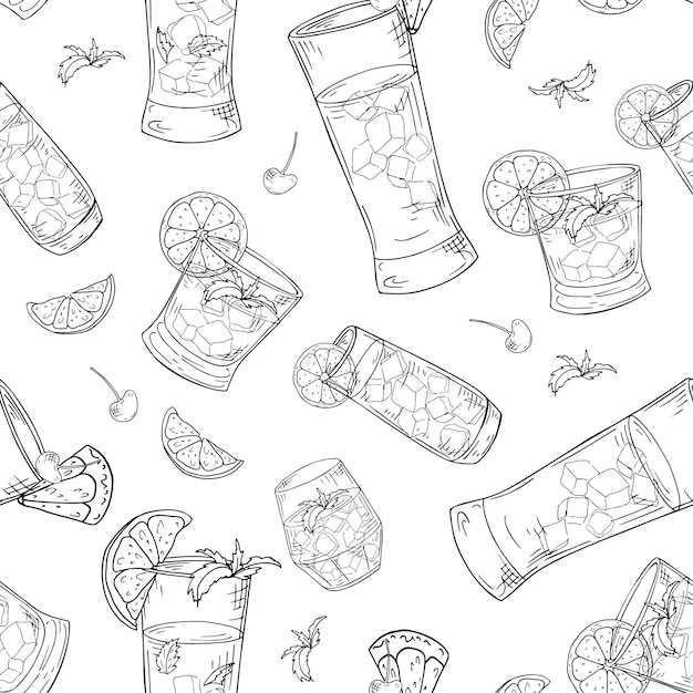 Modèle Sans Couture Avec Des éléments Dessinés à La Main Cocktails Sur Fond Blanc Illustration Vectorielle