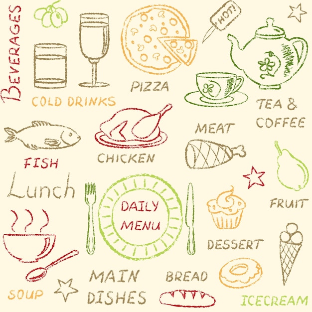 Modèle sans couture avec des éléments de menu de doodle
