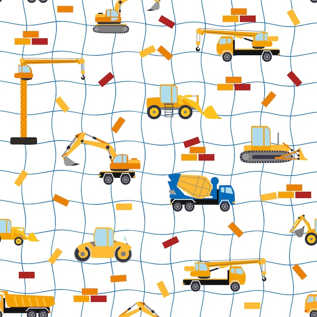 Modèle sans couture enfantin mignon avec bétonnière de grue de camion à benne basculante de voiture jaune Illustration de chantier de construction en style cartoon