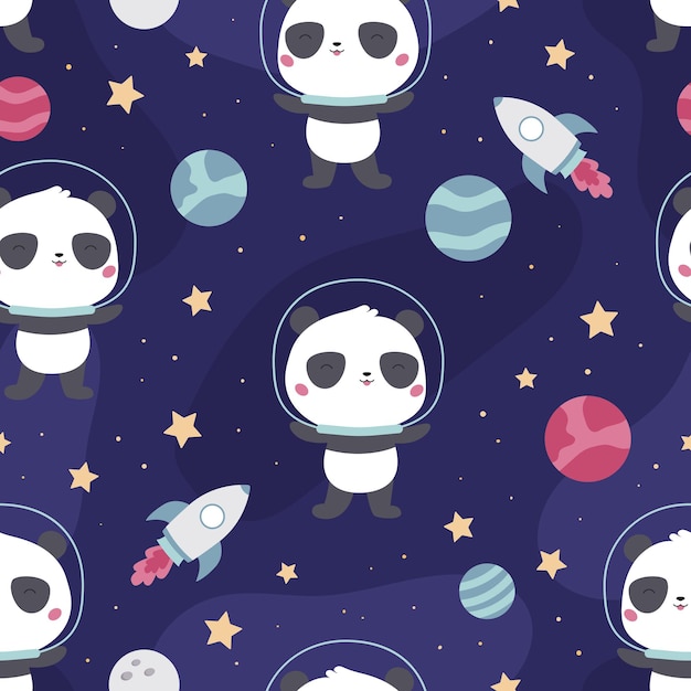 Modèle sans couture enfantin avec panda mignon sur fond d'espace