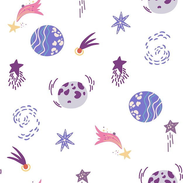 Modèle Sans Couture De L'espace Cosmic Background Avec Des Planètes Et Des étoiles De Dessin Animé Parfait Pour Les Dessins D'enfants Papier Peint Textile Et Impression Vector Illustration De Dessin à La Main