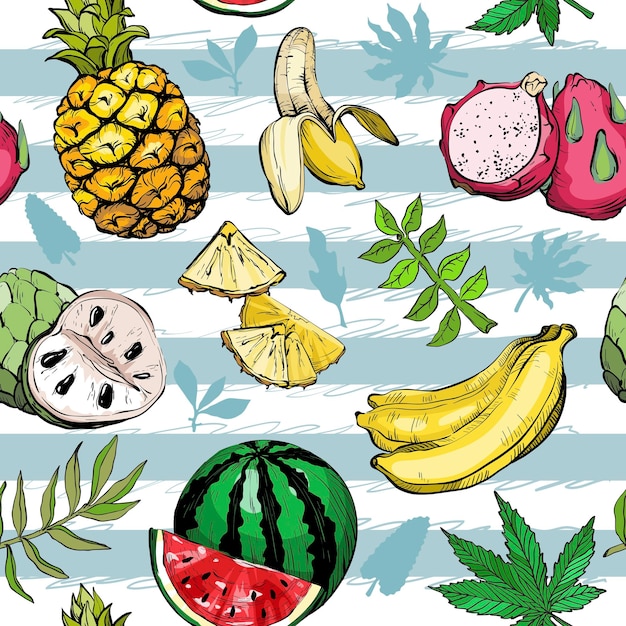 Modèle Sans Couture D'été Exotique Dessiné à La Main Avec Des Fruits Et Des Feuilles