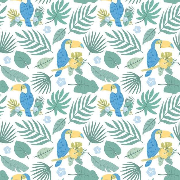 Modèle Sans Couture D'été De Feuilles Tropicales Fleurs Branches D'un Palmier Et D'un Toucans Dans Un Style Plat