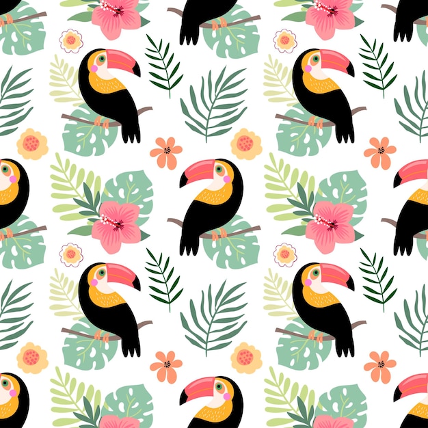 Modèle Sans Couture D'été Avec Toucan Et Fleurs