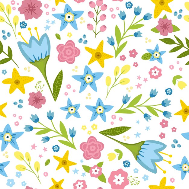 Modèle sans couture d'été Variété de colorfulxAflowers et feuilles sur fond blanc