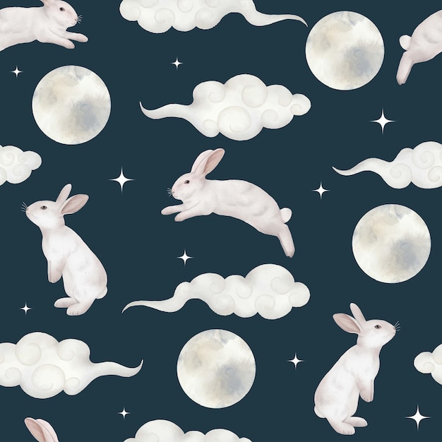 Vecteur modèle sans couture avec des étoiles de nuage de lapin et illustration aquarelle du festival de la mi-automne de la lune