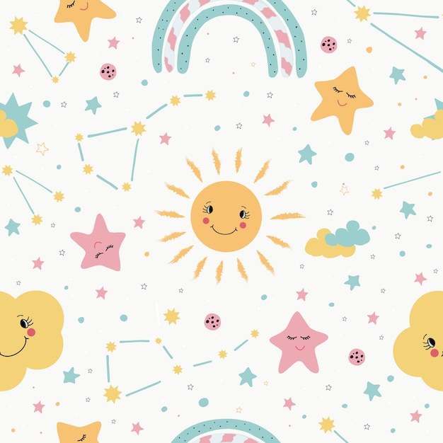 Vecteur modèle sans couture avec étoiles soleil dessinés à la main constellations arc-en-ciel nuages papier peint pour enfants